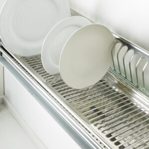 Stainless steel angled dish rack for kitchen cupboard
