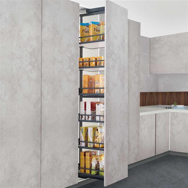 Soft closing Tall Larder pull out with 6 wooden anthracite baskets