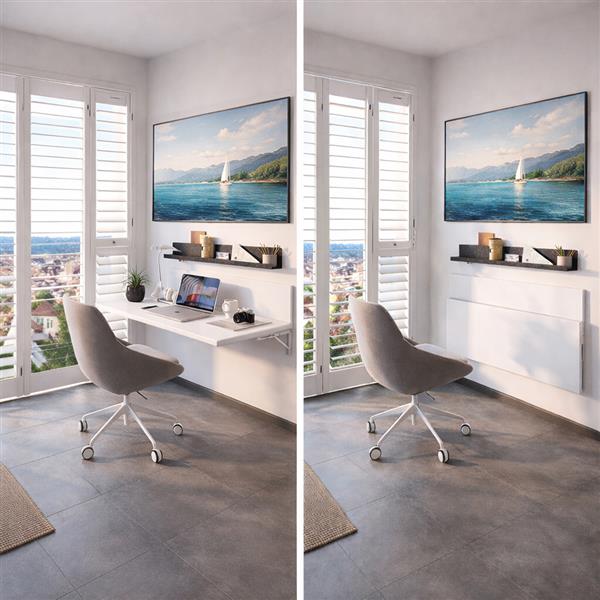Folding wall desk shown open and closed with white steel folding brackets in a modern home office setup