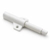 White heavy duty magnetic push catch with wing mount showing extended push mechanism for cabinet doors