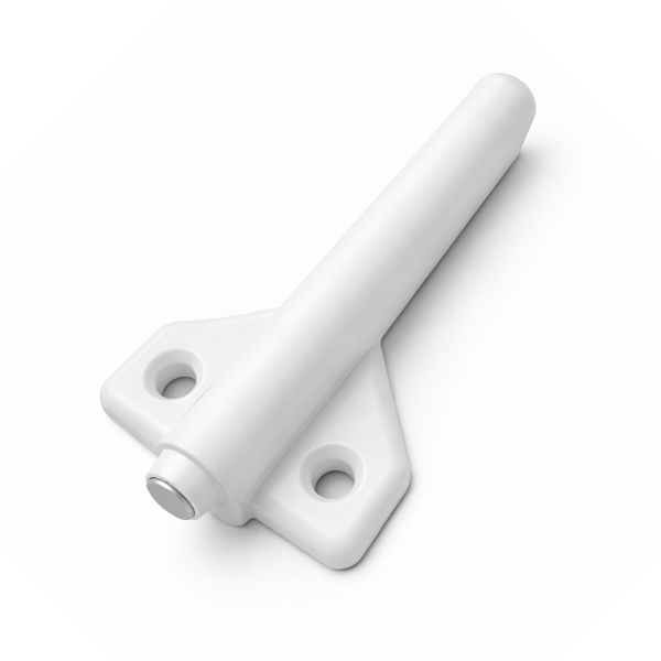 White magnetic push catch with wing mount brackets and adjustable tip for handleless cabinets
