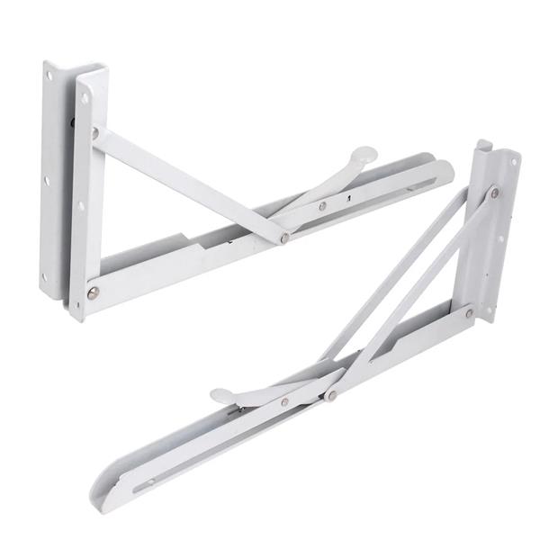 White folding shelf bracket open in use position with locking arm mechanism visible