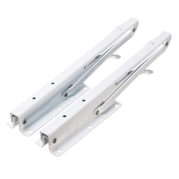 Pair of white folding shelf brackets in closed position showing compact fold away design