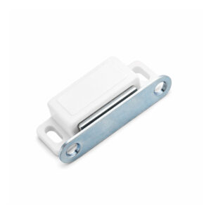 white magnetic cabinet catch with metal strike plate