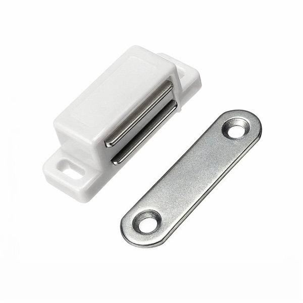 white magnetic catch with metal strike plate for cabinet doors