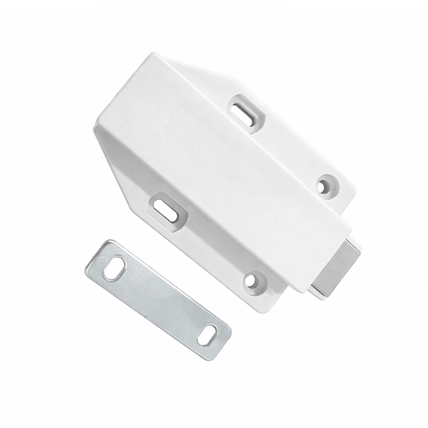 white magnetic push catch for handleless cupboard doors