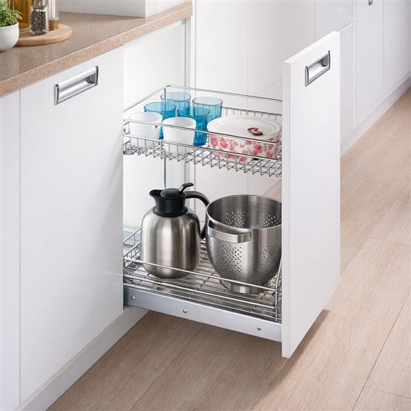 2 tier pull out cabinet organiser installed in 300mm kitchen cupboard with pots and bowls