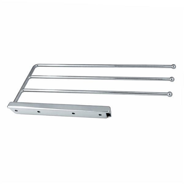 back view of 3 arm chrome pull out towel rail with mounting bracket