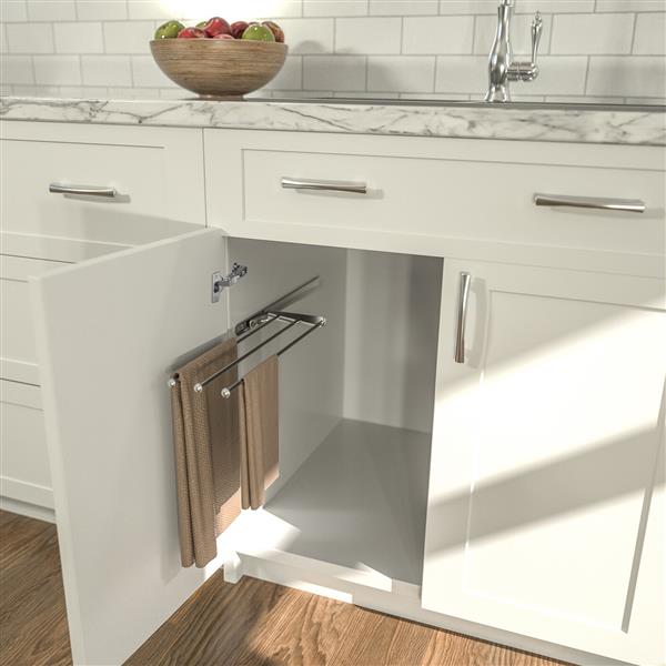 chrome pull out towel organiser inside kitchen cabinet with towels hanging neatly