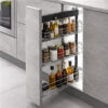 Side mounted pull out spice rack with 3 baskets and soft close slides for narrow kitchen cabinets