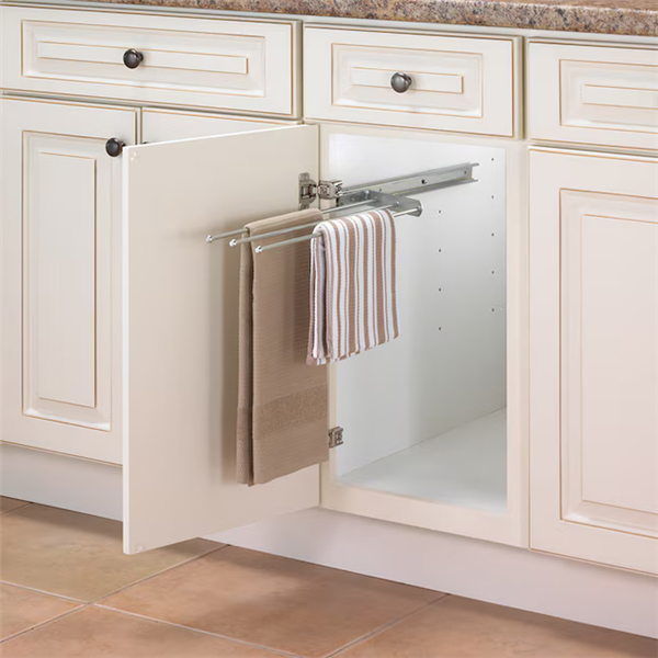 pull out towel rail installed inside kitchen cabinet with door open