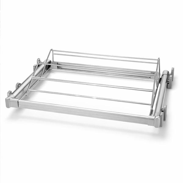 angled view of pull out shoe rack with metal rails