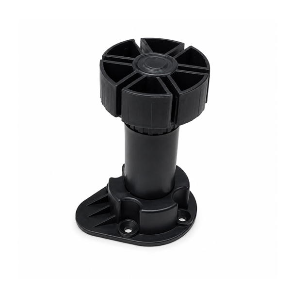 Black plastic kitchen base adjuster leg showing top adjustment mechanism and mounting base