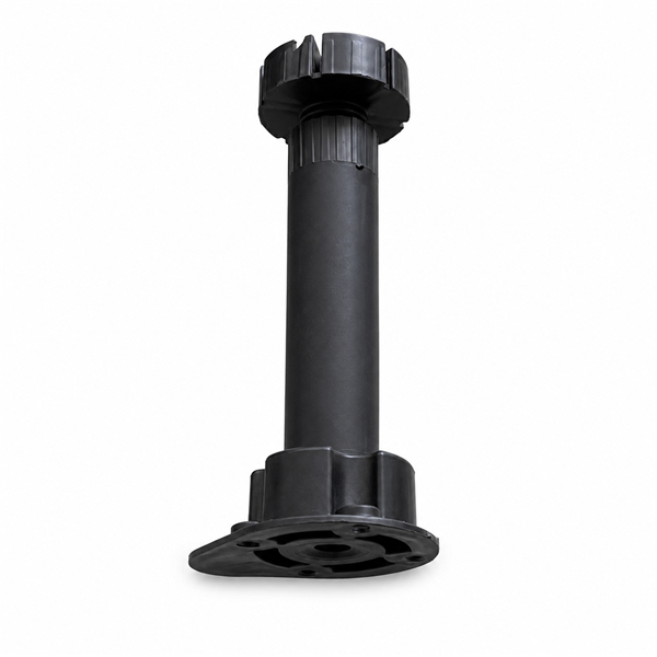 Underside view of black plastic kitchen base adjuster leg showing adjustable foot and mounting base