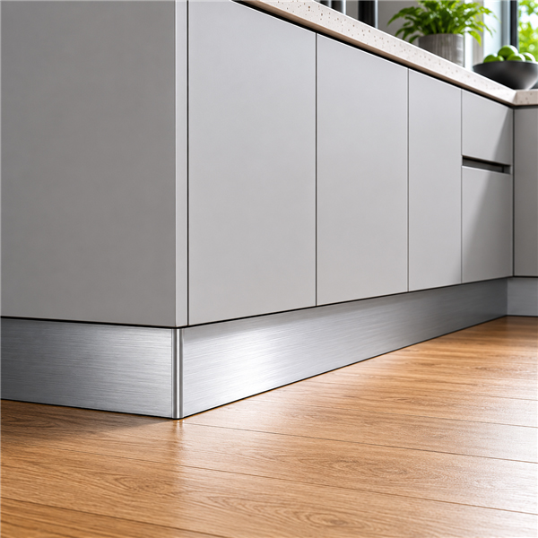 Close-up of aluminium 150mm kitchen kickplate installed beneath modern grey cabinets