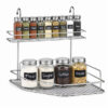 Chrome kitchen rail corner shelf with spice bottles and storage jars for organised kitchen storage.