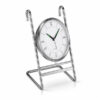 Chrome mid rail clock accessory with white face, Roman numerals and green hands on a white background.