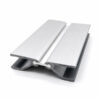 Angled view of flexible silver plinth and kickplate corner connector for kitchen cabinet installations