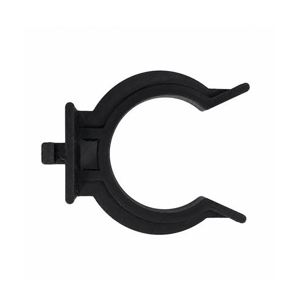 Front view of black plastic kickplate clip for kitchen cabinet plinth legs