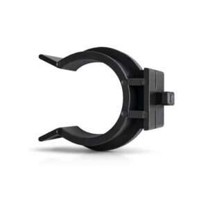 Angled view of black plastic kickplate clip for attaching aluminium kitchen plinths to adjustable cabinet legs