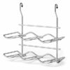 Empty chrome 2-level bottle holder with hooks for hanging onto a kitchen rail system.