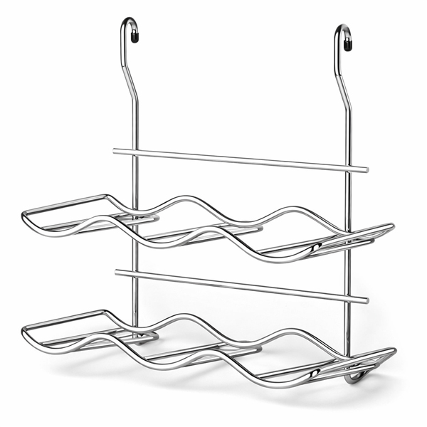 Empty chrome 2-level bottle holder with hooks for hanging onto a kitchen rail system.
