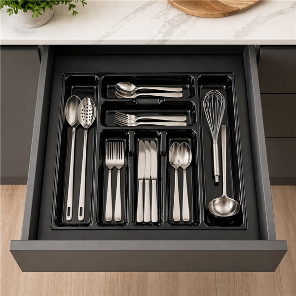 Black Onyx cutlery tray drawer organiser with utensils in modern kitchen drawer
