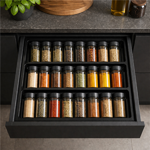 Black Onyx spice tray drawer organiser with spice bottles in modern kitchen drawer