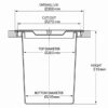 Technical drawing of stainless steel counter bin 15L showing lid size, cut out and bucket dimensions