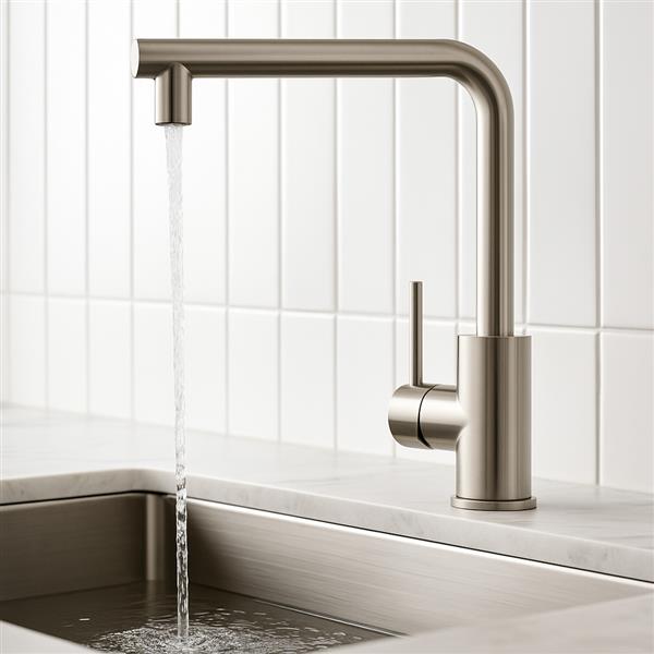 Stilino Verona stainless steel kitchen mixer with a round end spout running water into sink