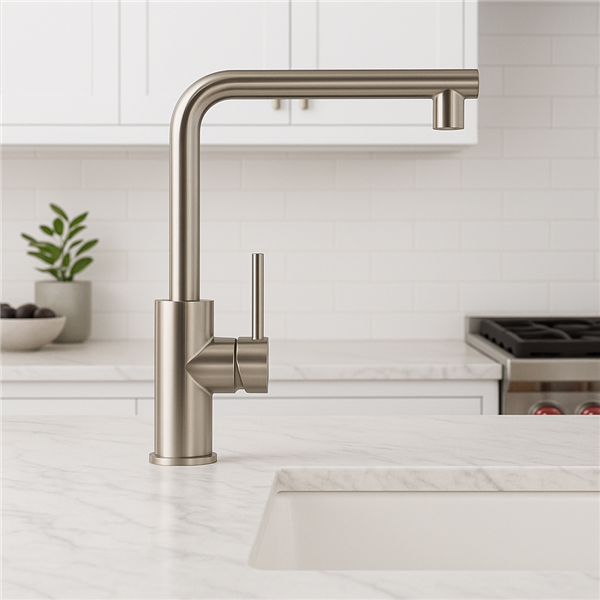 Stilino Verona stainless steel kitchen mixer tap in modern kitchen with a round end spout design
