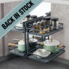 Magic Corner Deluxe Anthracite corner cabinet pull-out system with back in stock banner