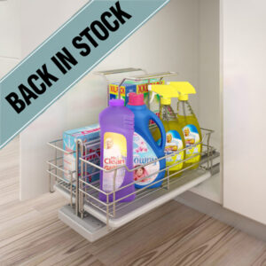 Under Sink Pull-Out Basket with back in stock banner in kitchen cabinet
