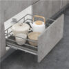 Nano Grace anthracite pull-out motion basket with organised cookware and crockery