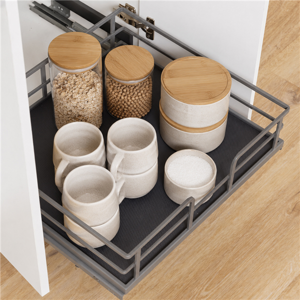 Nano Grace pull-out motion basket with organised pantry jars and crockery