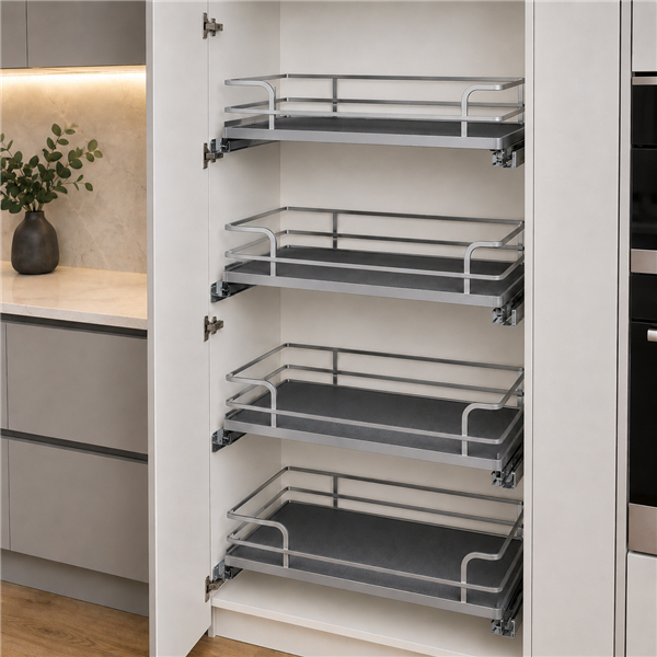 Four Nano Grace pull-out motion baskets installed in a tall kitchen cabinet