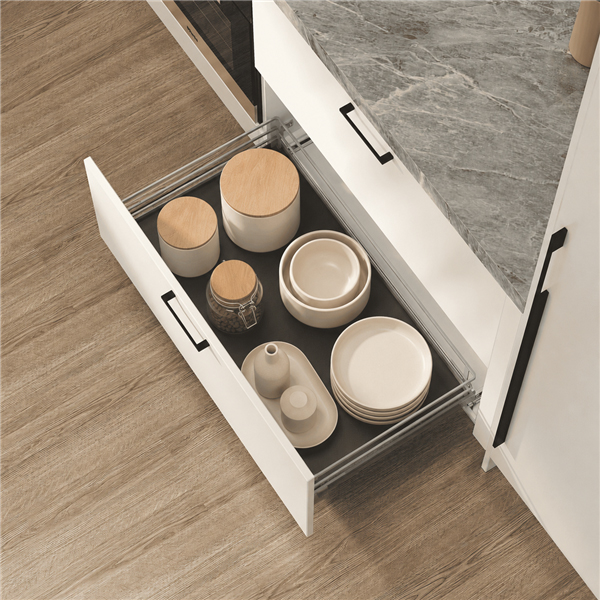 Wide Nano Grace pull-out basket with organised tableware and storage containers