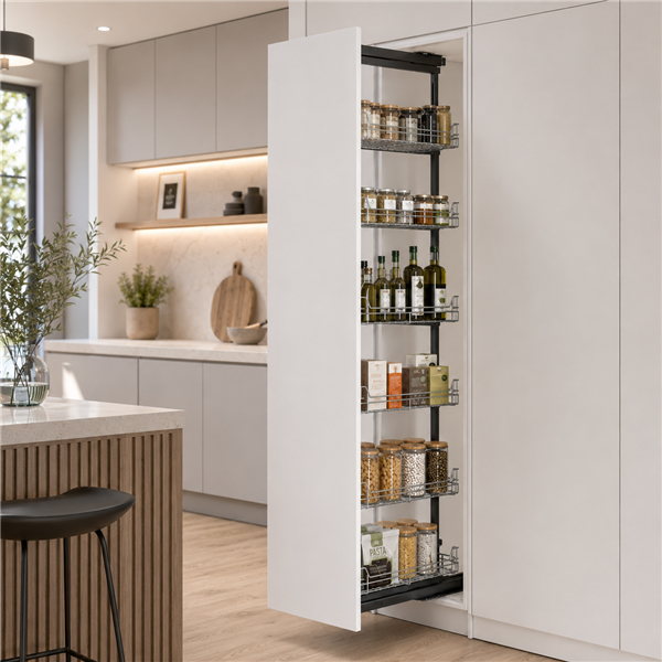 Six-basket Soft Motion Pantry Pull-Out in a modern white kitchen
