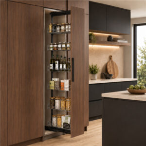 Soft Motion Pantry Pull-Out with six chrome baskets in a modern walnut kitchen