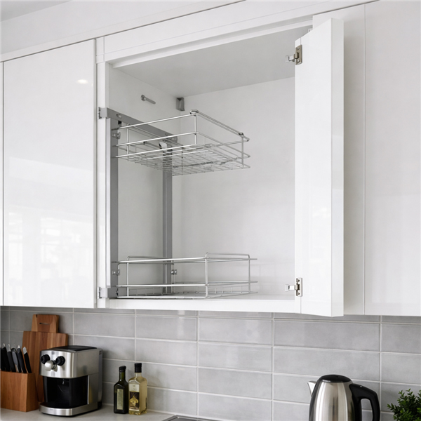 Top Cupboard Pull-Out 300mm installed in a white upper kitchen cabinet