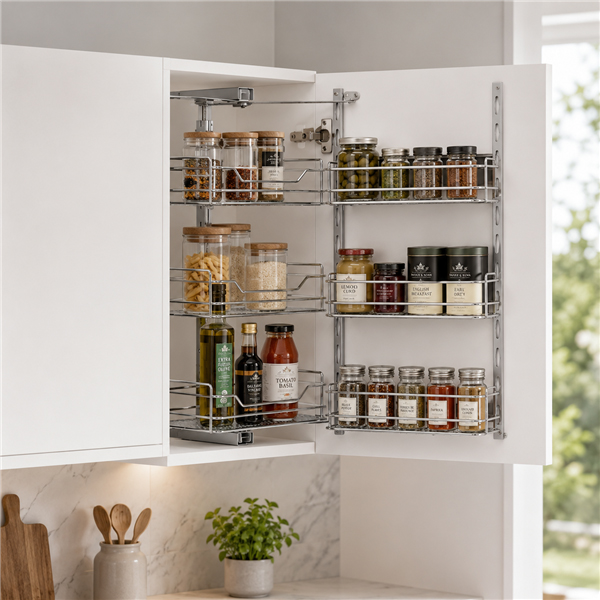 Top Cupboard Tandem Pull-Out with six chrome baskets storing spices and pantry items