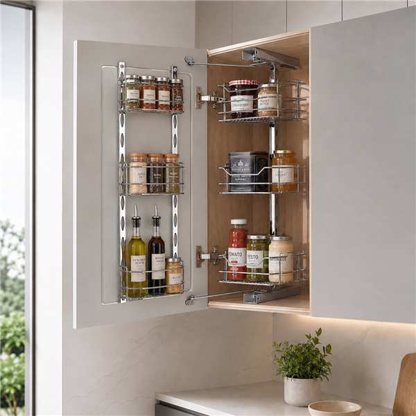 Top Cupboard Tandem Pull-Out open with door baskets and internal pull-forward baskets