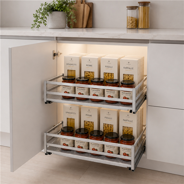 Grace Basket Aluminium pull out drawers in modern white kitchen cabinet