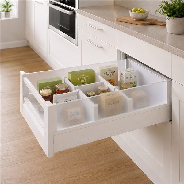 Elite 5 frosted glass kitchen drawer system with organised pantry items