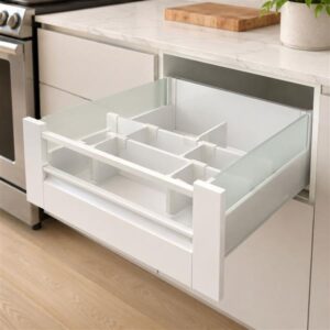 Elite 5 soft-closing kitchen drawer system with frosted glass side panels in a modern kitchen