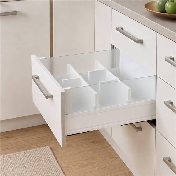 Elite 7 frosted glass internal drawer organiser for 600mm kitchen cabinet
