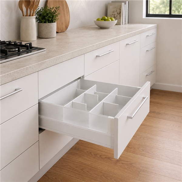 Elite 7 kitchen drawer organiser with dividers for pantry storage and frosted glass sides