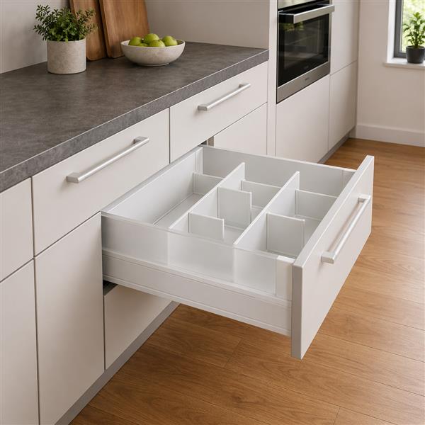 Elite 7 soft-closing kitchen drawer system with tempered frosted glass panels