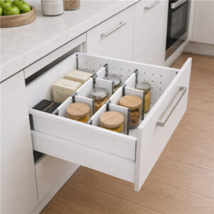 Elite 9 soft-close drawer organiser with pantry items and jars
