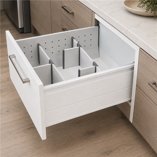 Elite 9 soft-closing kitchen drawer system with single railing and dividers